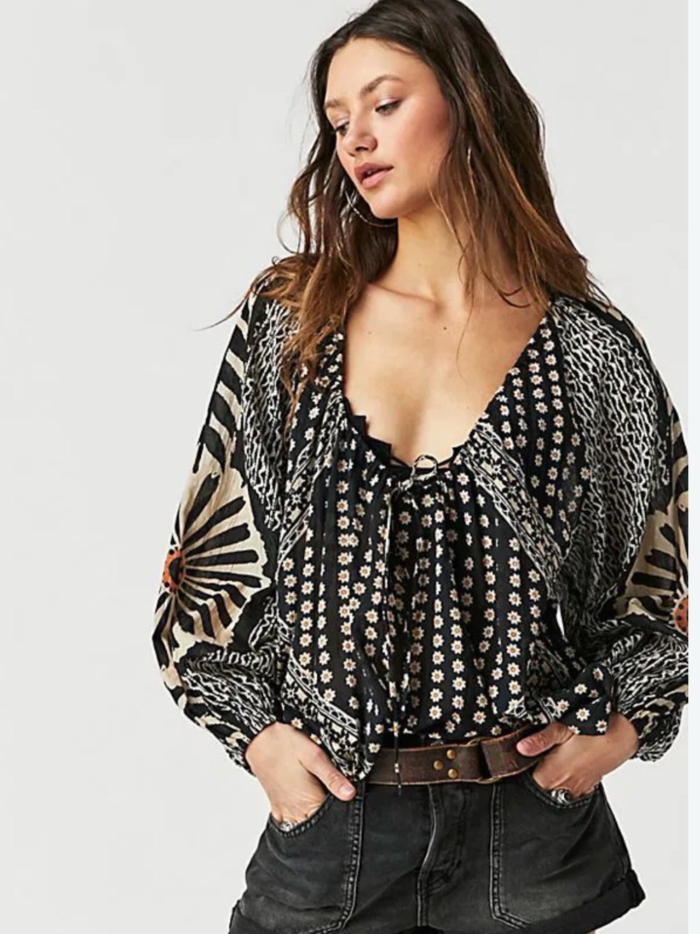 Free People Black Elena Print Top - Floral Patchwork Peasant Blouse